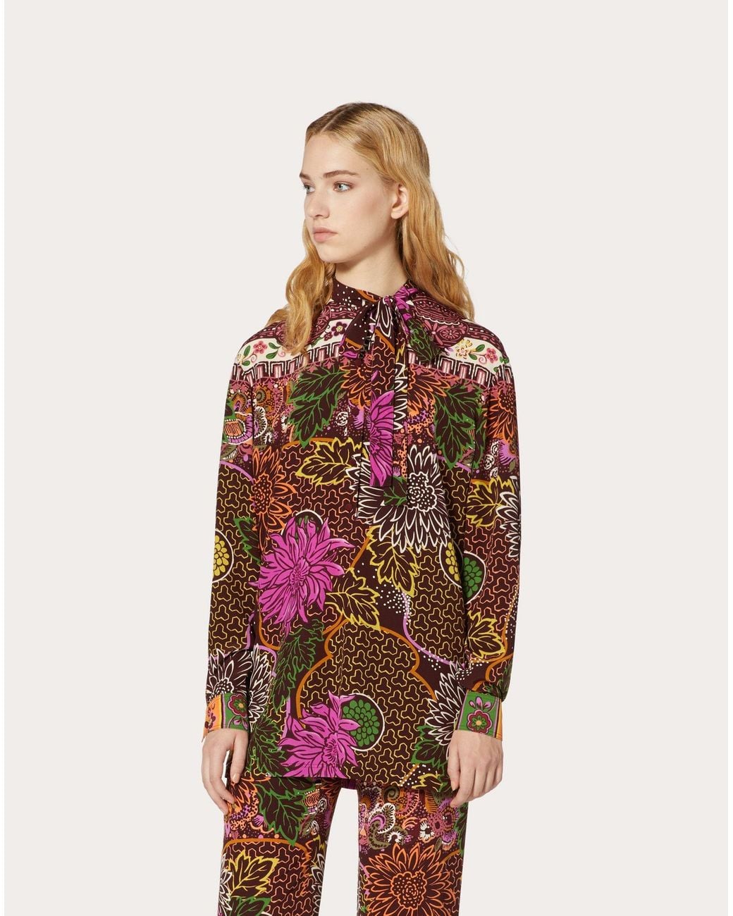 Valentino Red Floral Print Pussy Bow Blouse