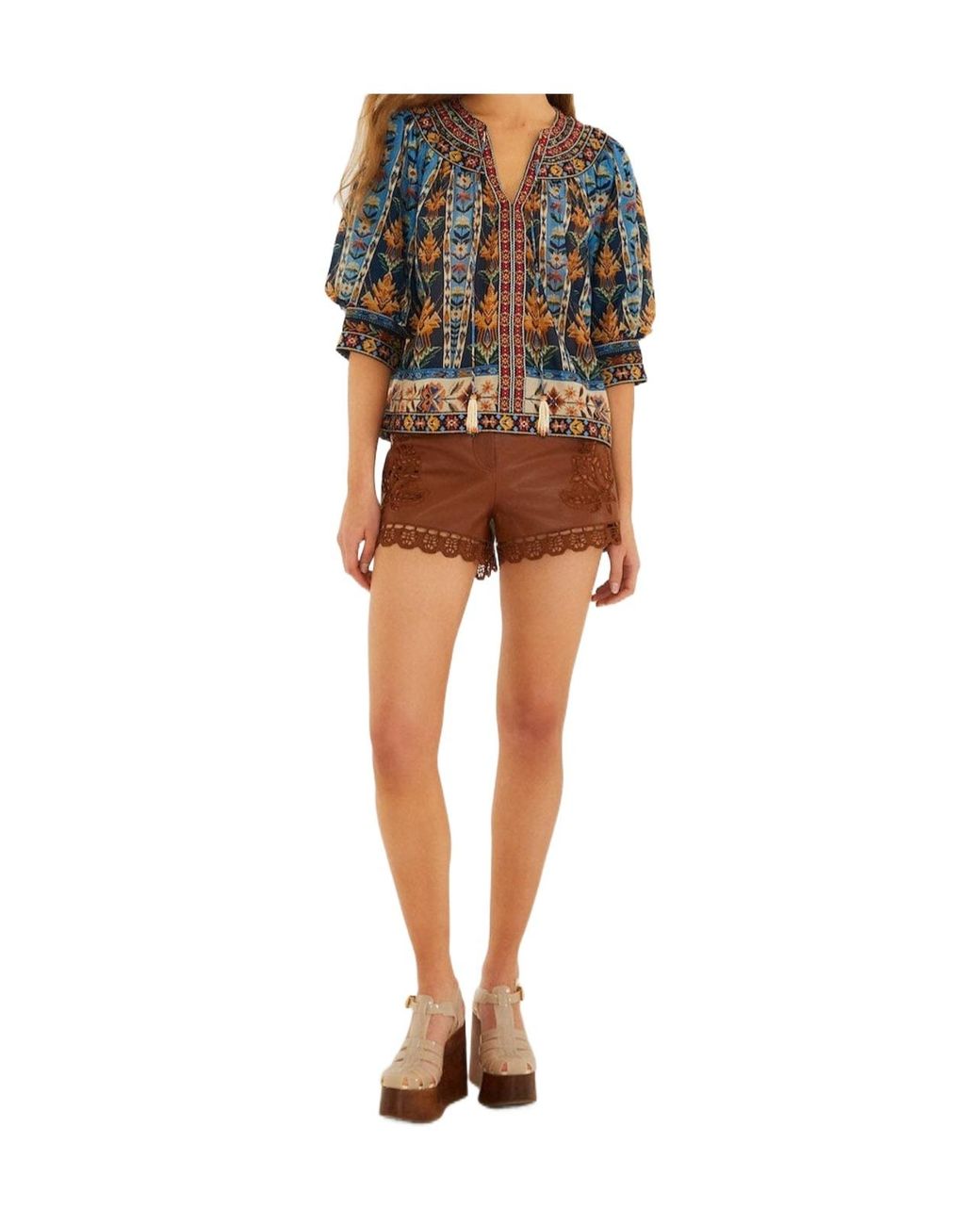 Farm Rio Blue Dress Embroidered Tapestry With Short Sleeves And Embroidery