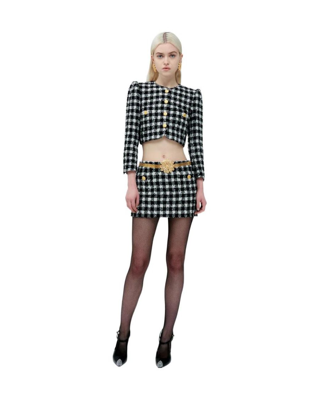 Alessandra Rich Black Vichy Tweed Single-Breasted Blazer