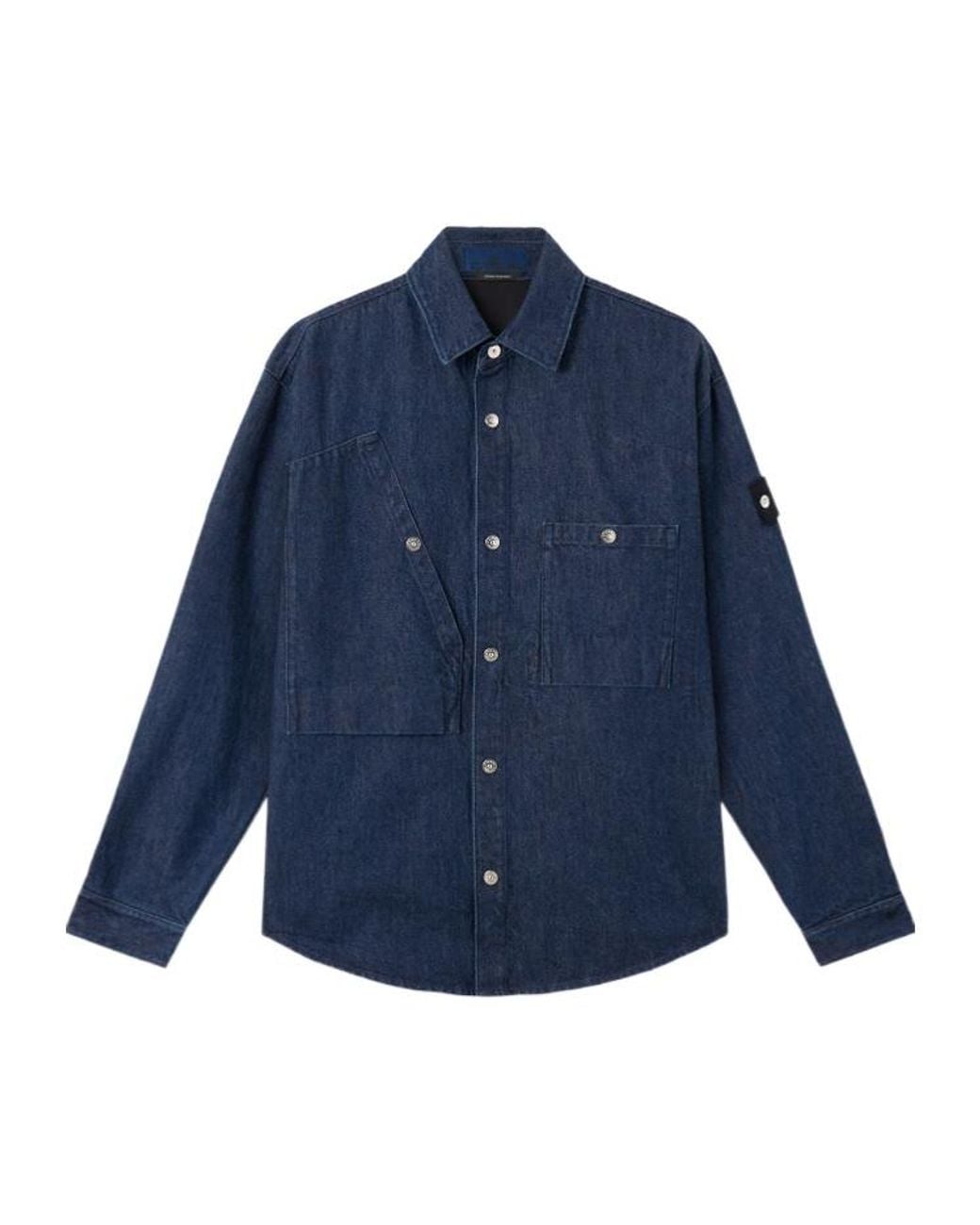 Stone Island Blue Logo Patch Long Sleeved Shirt Jacket for men