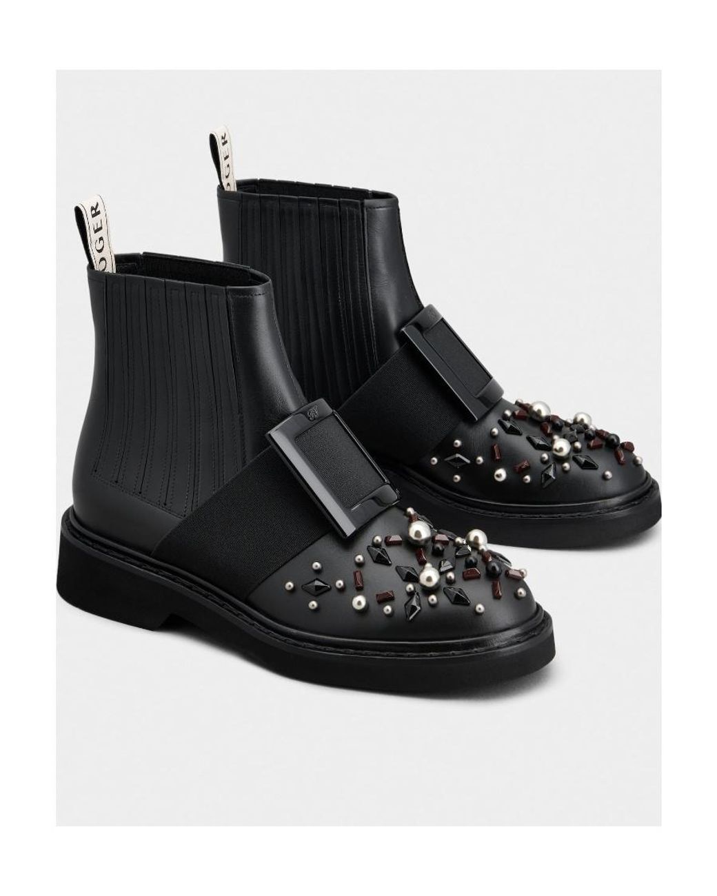 Roger Vivier Black Viv' Rangers Studs Lacquered Buckle Chelsea Ankle Boots