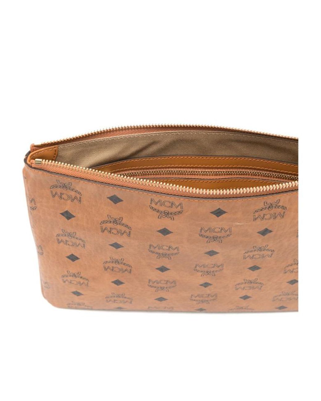 MCM Brown Logo Patterned Zipped Clutch Bag