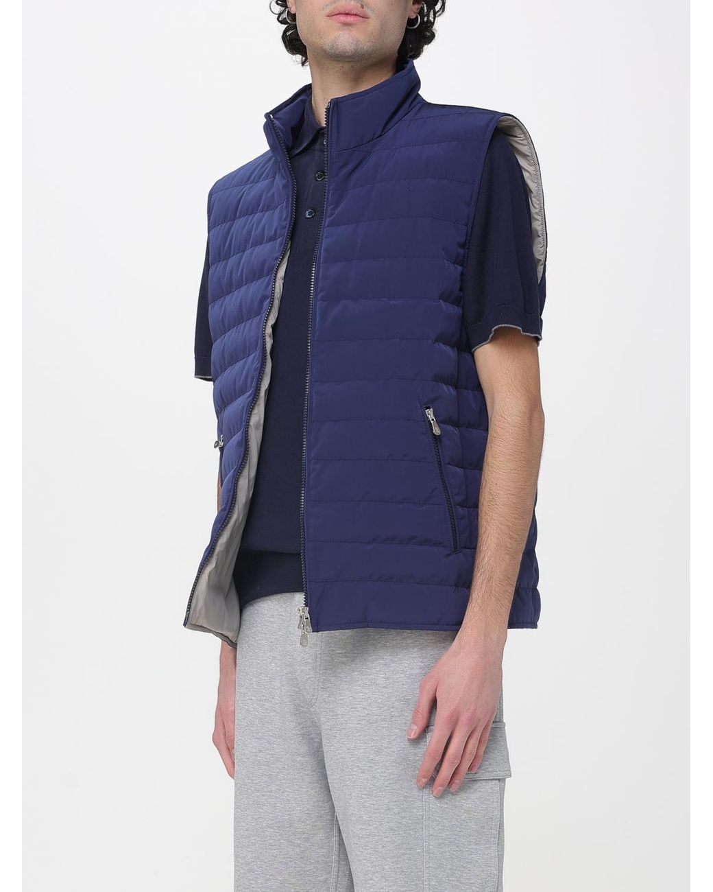 Brunello Cucinelli Blue Bonded Zip-Up Padded Vest for men