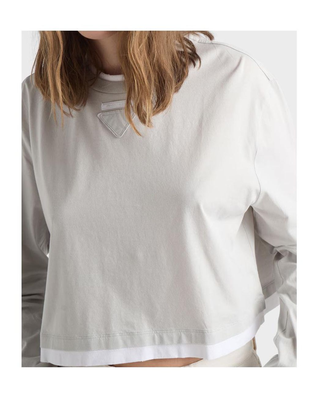 Prada White Girocollo Cropped Long-Sleeve T-Shirt