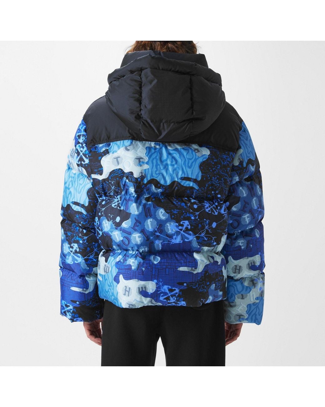 Off-White c/o Virgil Abloh Blue Tone Graffiti Print Cropped Hooded Down Jacket for men