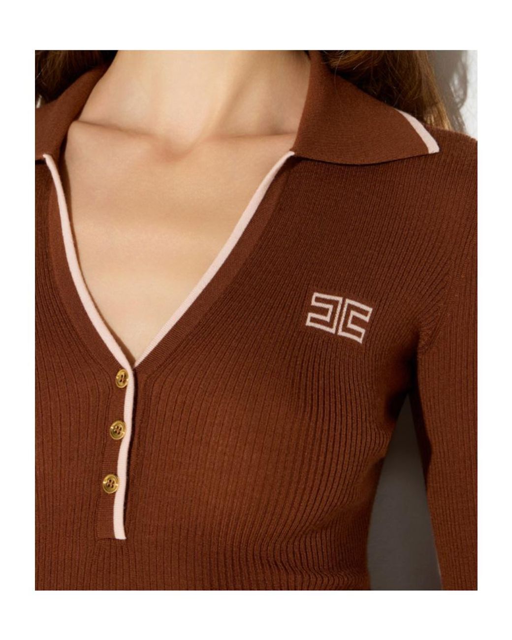 Elisabetta Franchi Brown Logo Knit Polo Top
