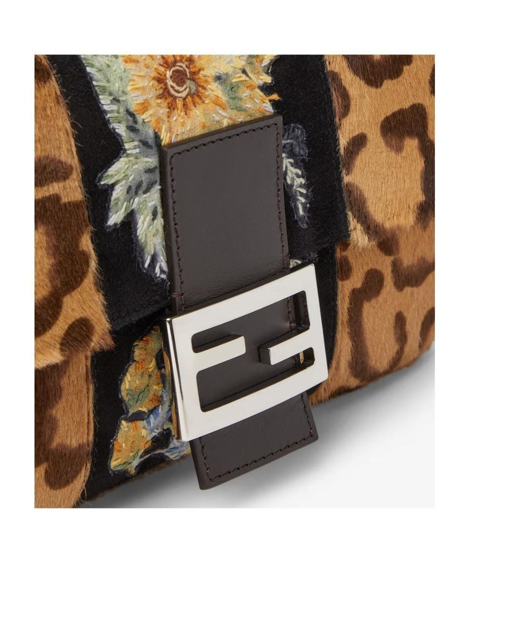 Fendi Brown Baguette 26424 Embroidered Jaguar Print Pony-Effect Leather Bag
