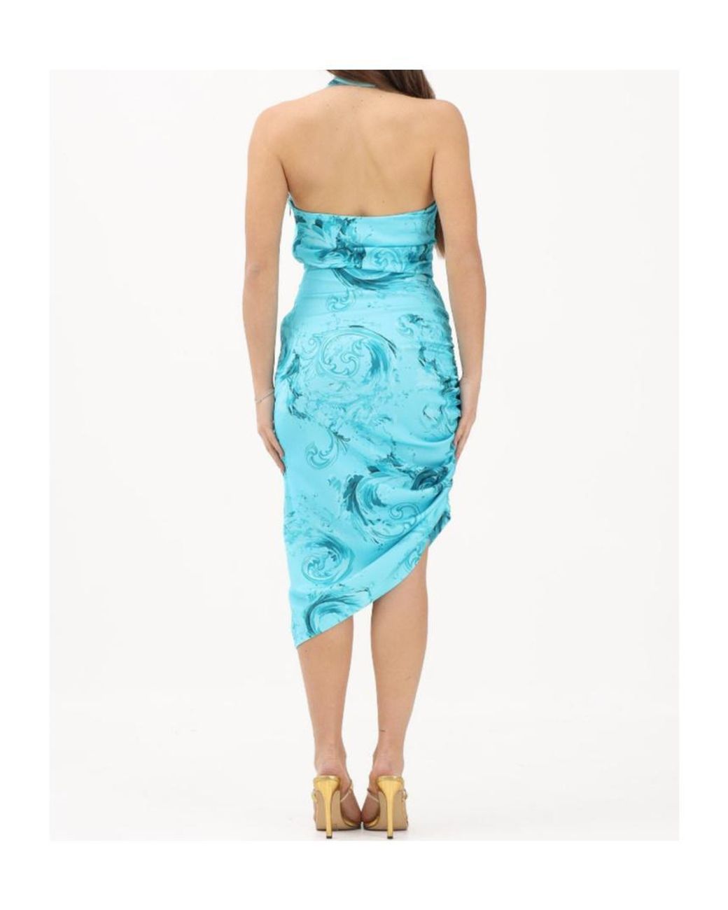 Versace Jeans Blue Couture Baroque One-Shoulder Dress