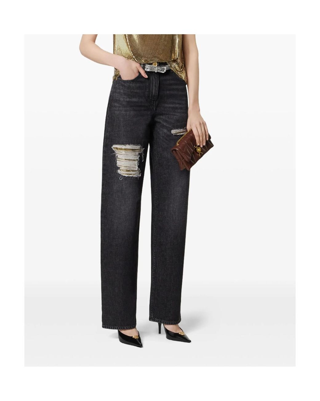 Versace Black Distressed Straight-Leg Jeans