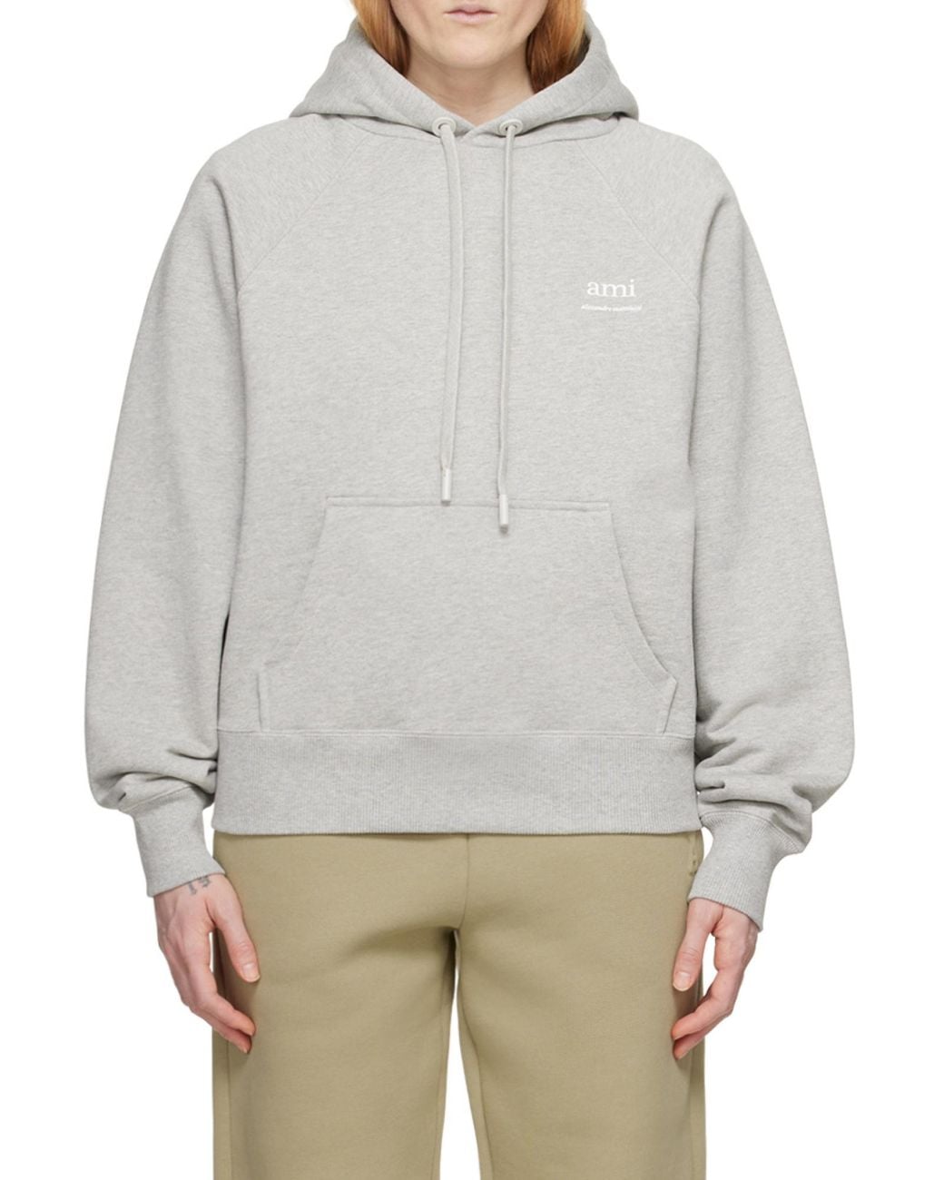 AMI Gray Ami De Coeur Logo-Printed Drawstring Hoodie for men