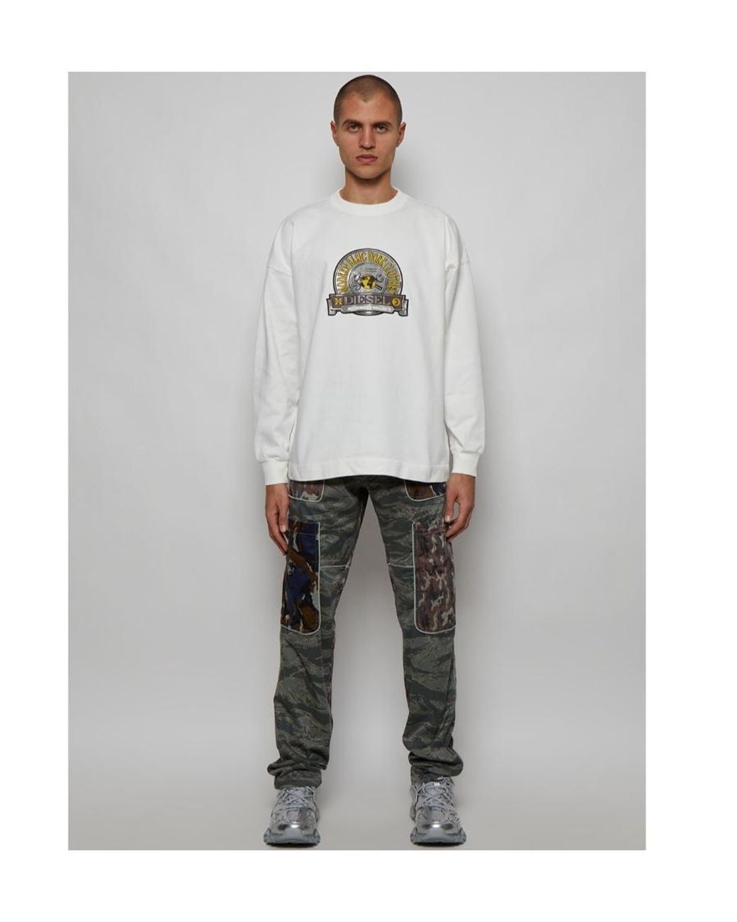 DIESEL White Logo Patch Crewneck Sweatshirt for men