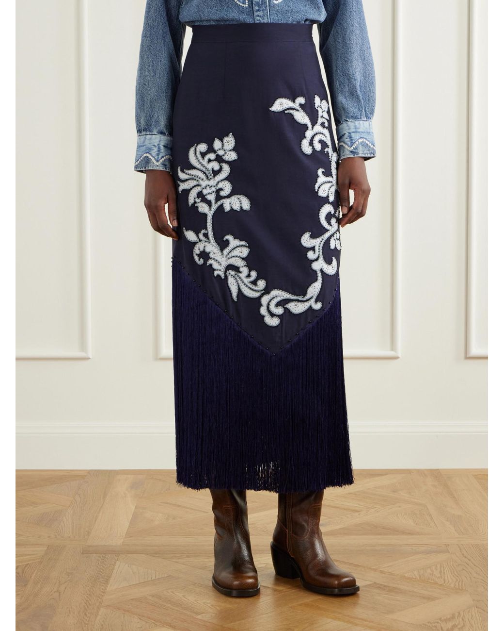 ALÉMAIS Blue Dillon Crystal And Bead-Embellished Fringed Appliquéd Satin Midi Skirt