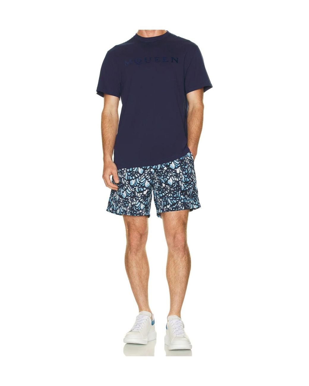 McQueen Blue Flocked-Logo Crewneck T-Shirt for men