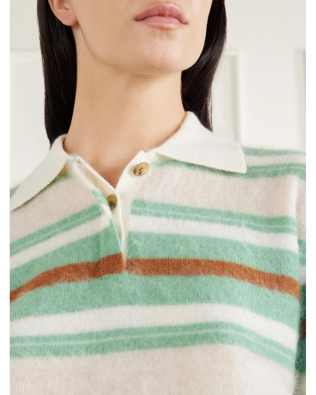 Guest In Residence Green Cropped Striped Brushed Cashmere Polo Sweater