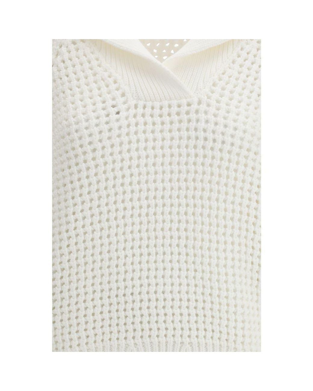 Brunello Cucinelli White V-Neck Knitted Sweater