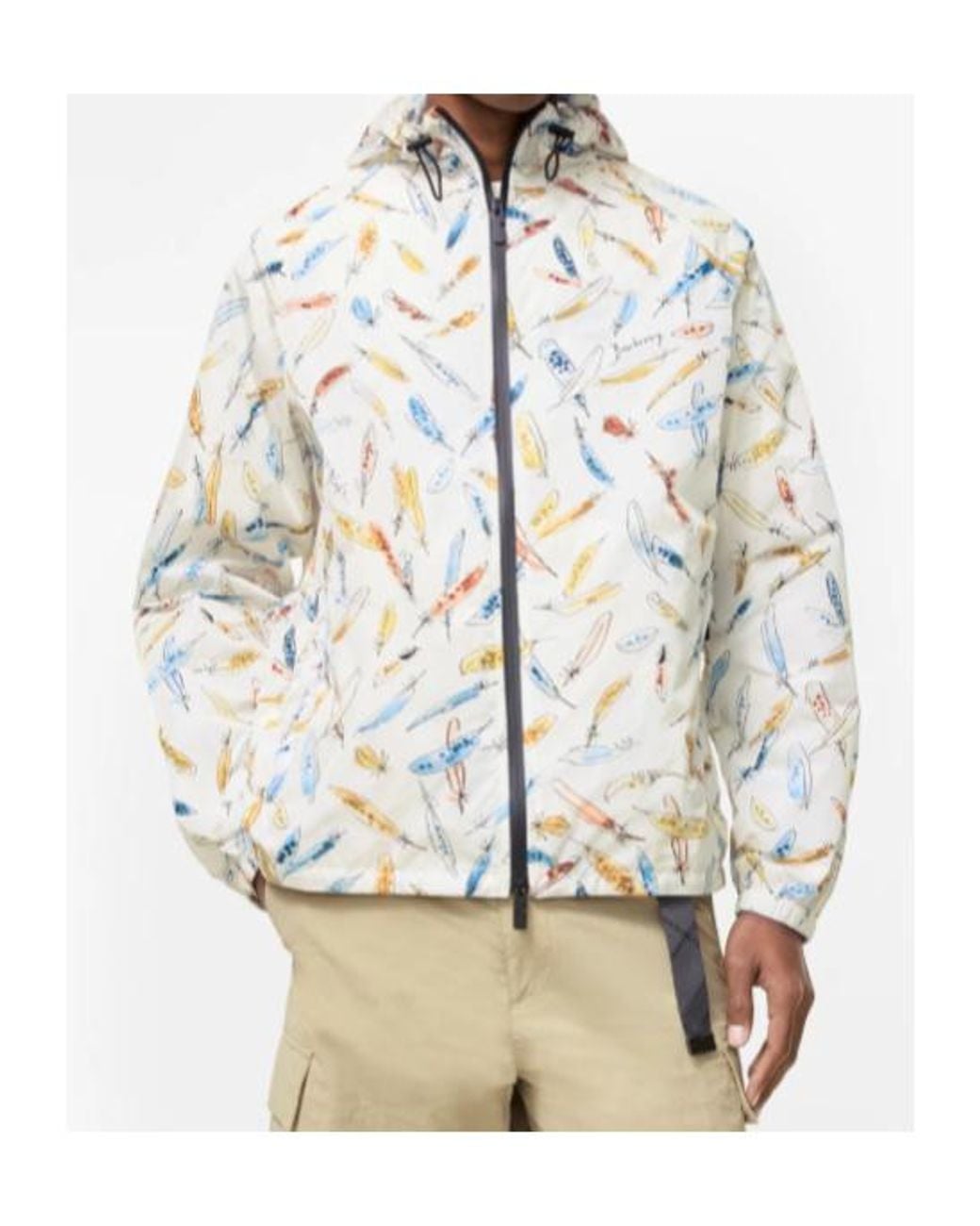 Burberry White Feather Print Nylon Clapton Hooded Jacket for men