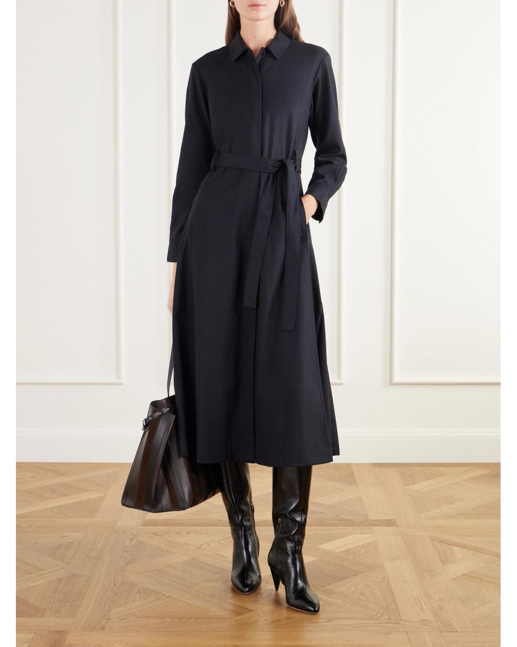 Theory Black Belted Flannel Midi Dress