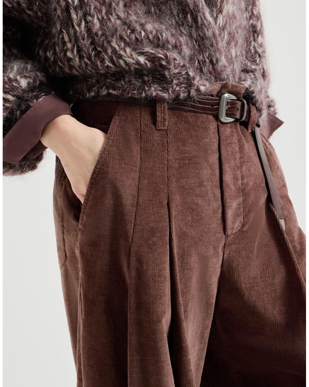 Brunello Cucinelli Brown Stretch Cotton And Cashmere Corduroy Five-Pocket Baggy Trousers With Monili