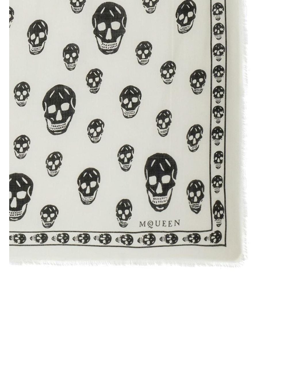 McQueen White Skull Printed Fringed Edge Scarf