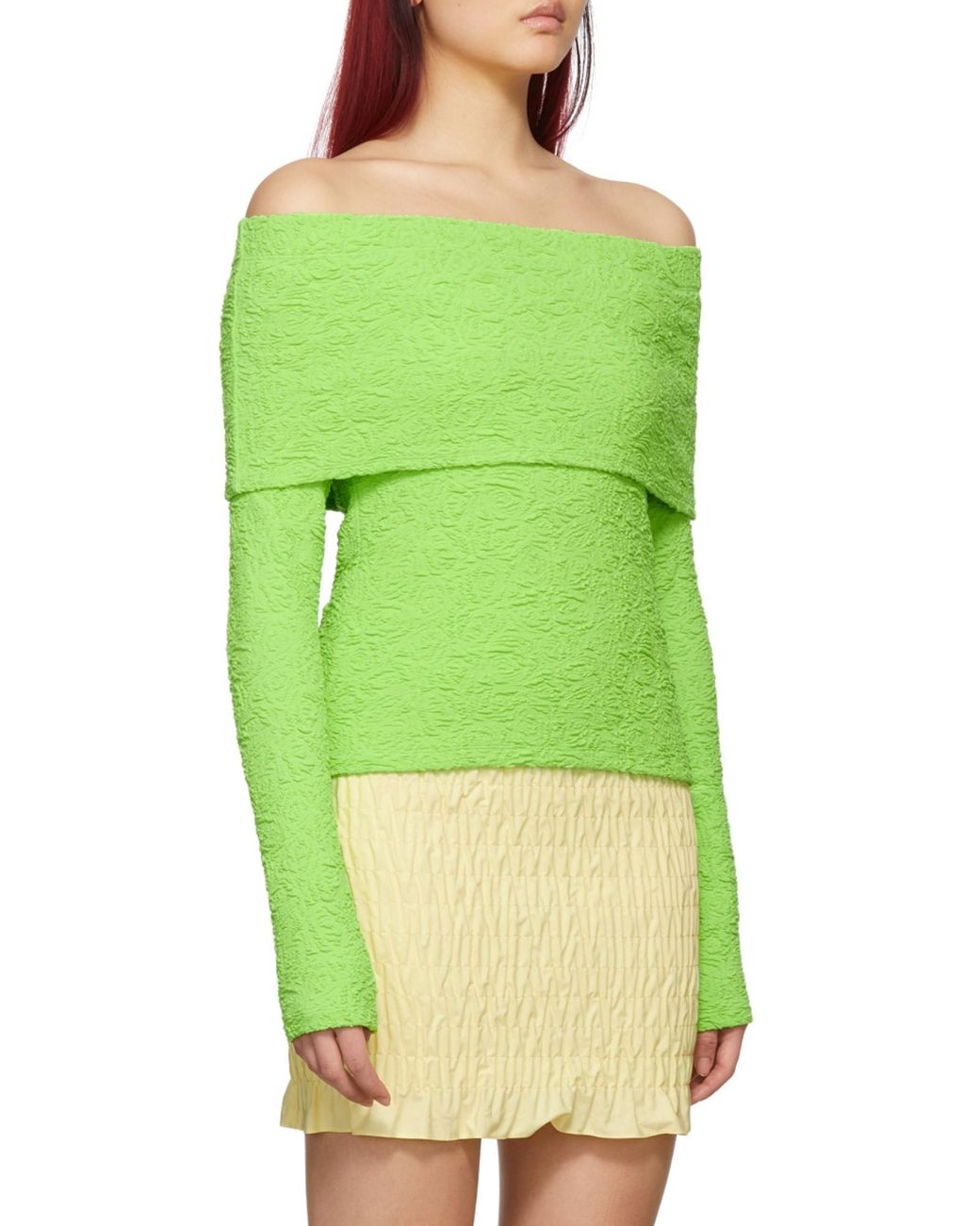 MSGM Green Embossed Off-Shoulder Long Sleeved Top