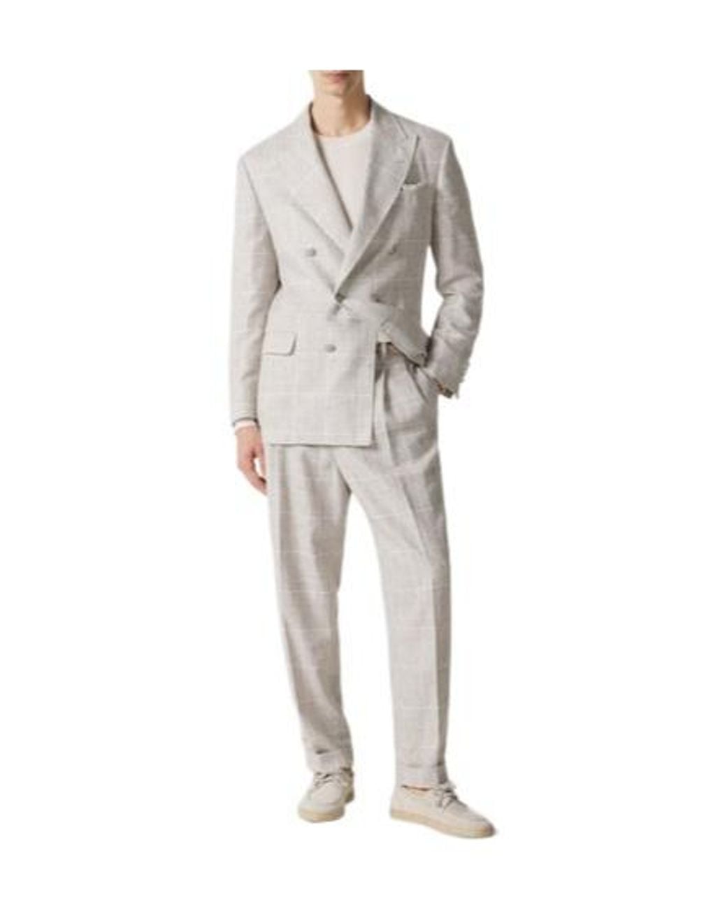 Brunello Cucinelli Gray Light Linen Check Double-Breasted Suit for men