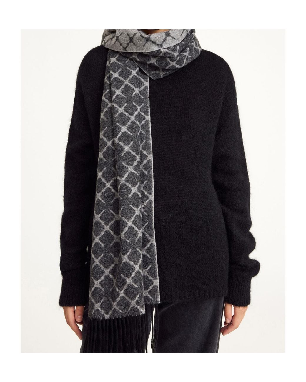 By Malene Birger Gray Fringed Patterned Scarf