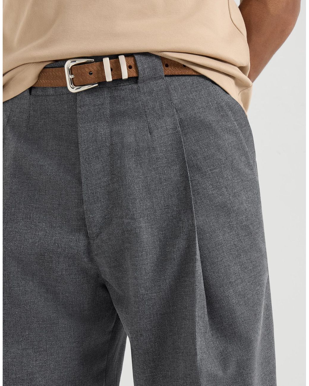 Brunello Cucinelli Gray Virgin Wool, Cotton And Silk Mouliné Trousers With Pleat for men