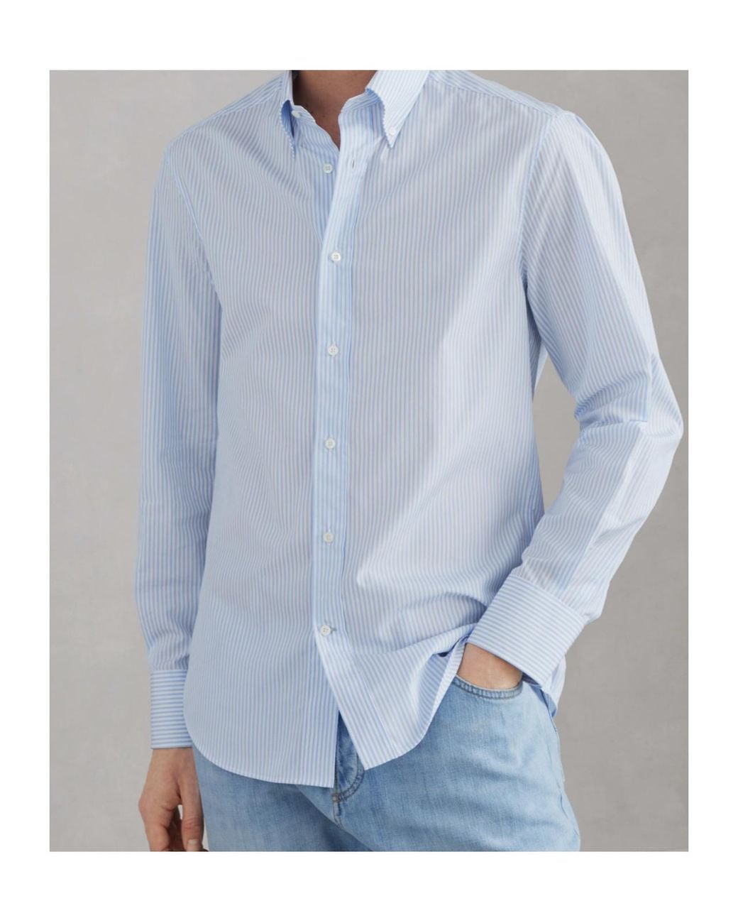 Brunello Cucinelli Blue Pinstriped Long-Sleeved Shirt for men