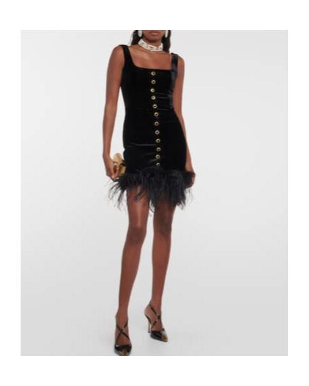 Alessandra Rich Black Feather-Trimmed Velvet Minidress