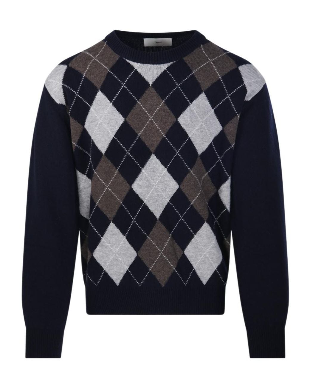DUNST Blue Argyle Crew Neck Knitted Sweater