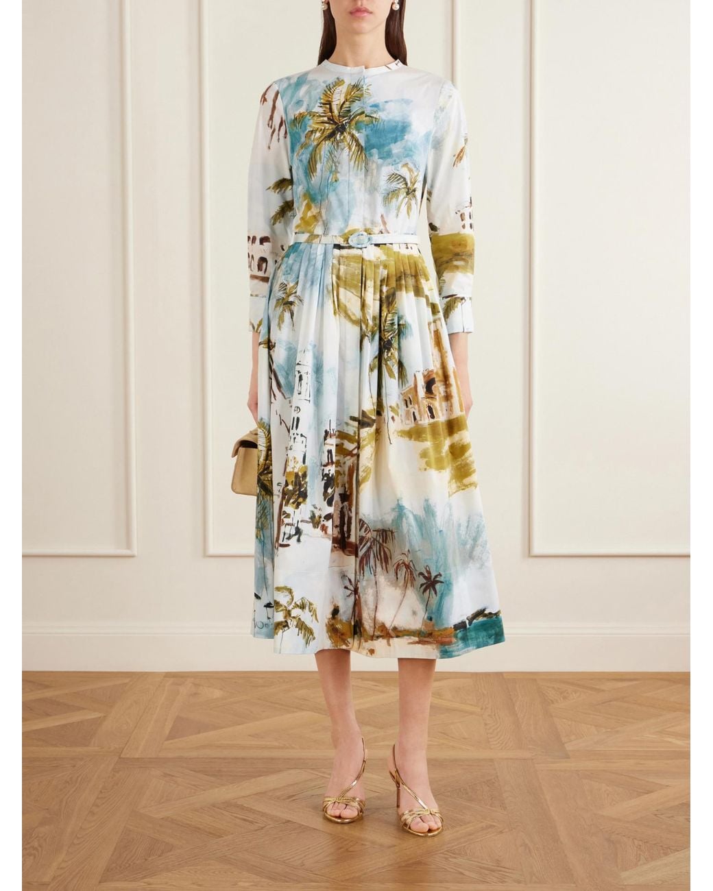 Oscar de la Renta White Belted Printed Cotton-Blend Midi Dress