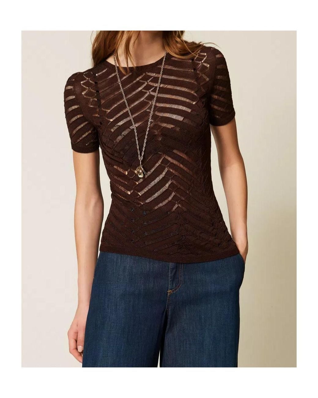 Twinset Brown Sheer Chevron Knitted Top
