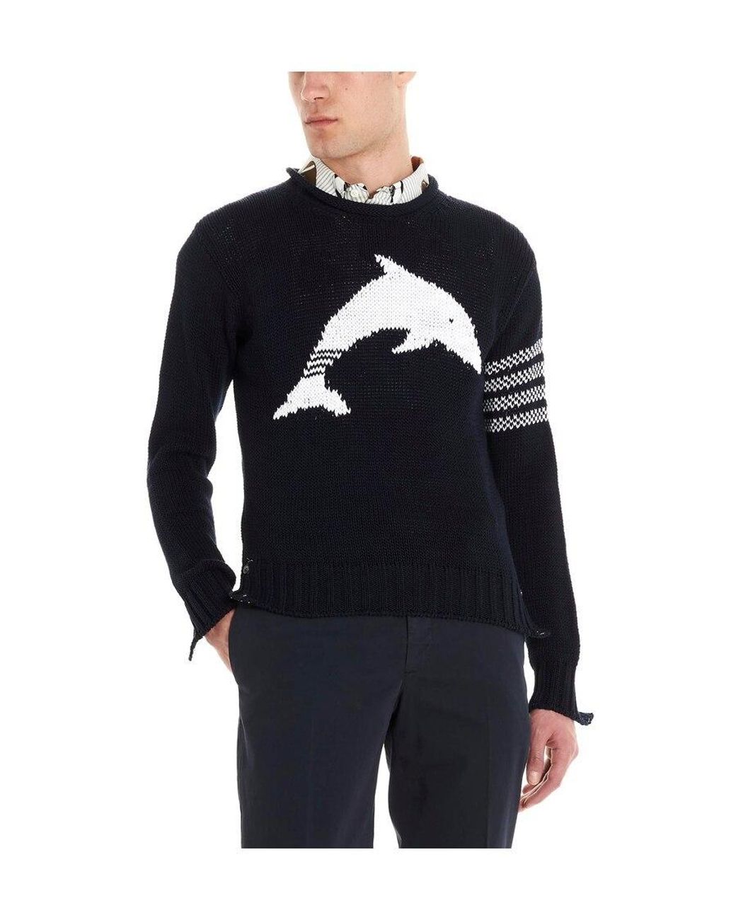 Thom Browne Blue Dolphin Intarsia 4-Bar Jumper for men