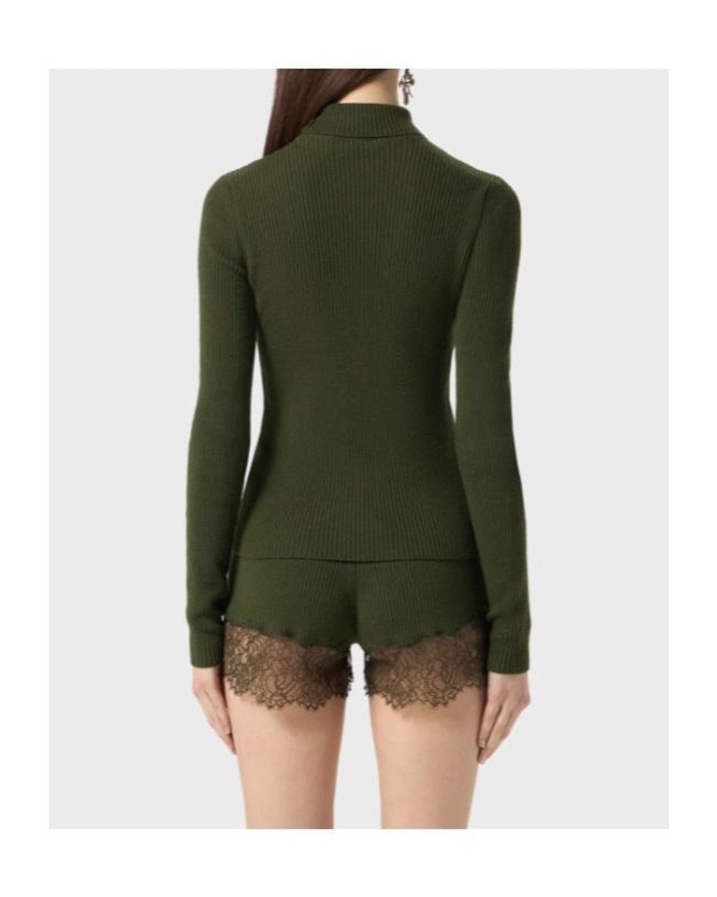 Blumarine Green Dolcevita Lace-Insert Ribbed Turtleneck Top