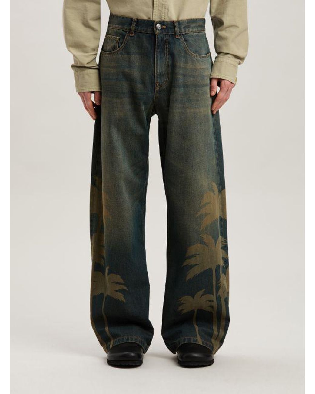 Palm Angels Green Laser Palm Wide Leg Jeans for men