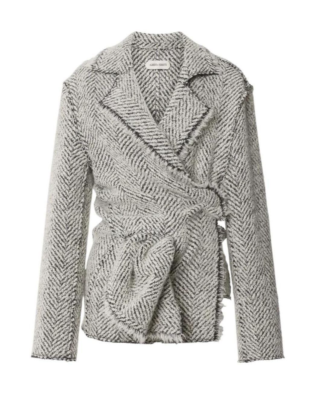 Alberta Ferretti Gray Herringbone Wrap Jacket