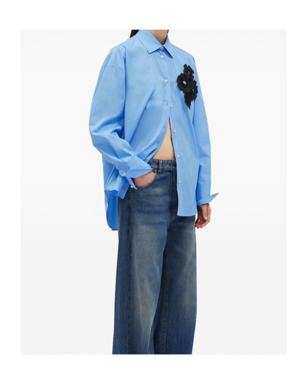 MSGM Blue Floral Patch Curved Hem Shirt