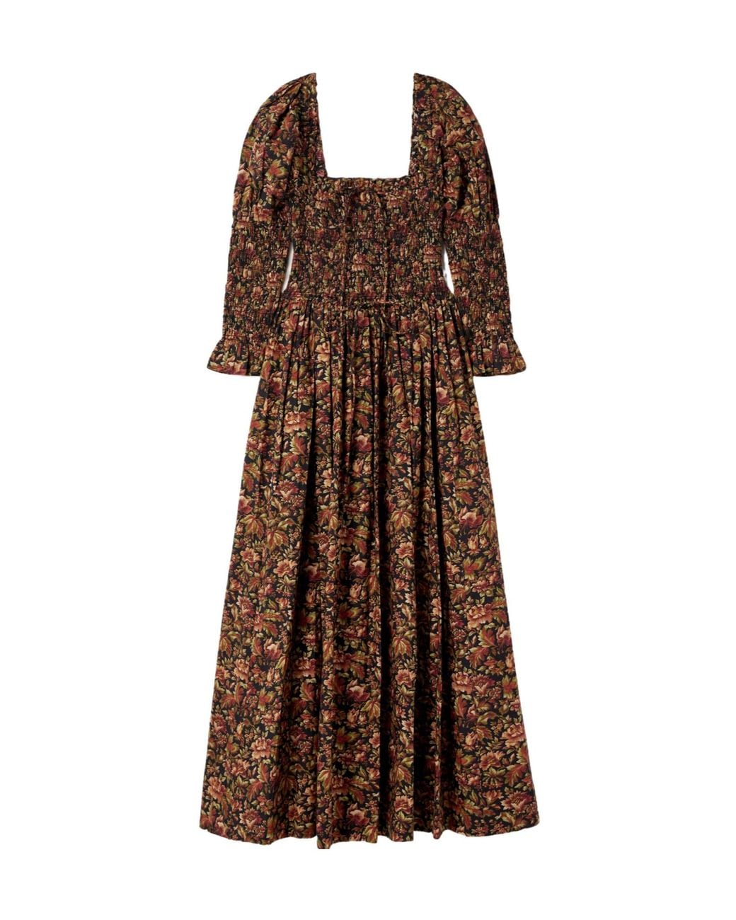 Doen Brown Bijou Shirred Floral-Print Organic Cotton-Voile Midi Dress