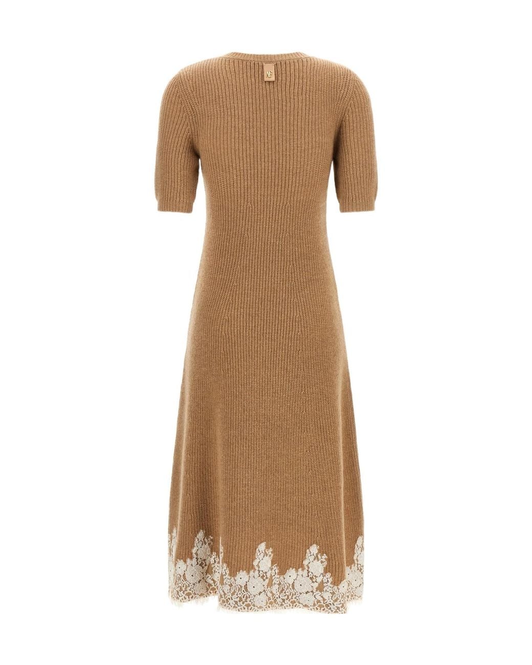 Alberta Ferretti Natural Lace Hem Ribbed Knit Dress