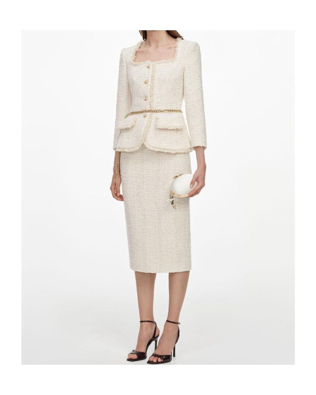 Self-Portrait White Bouclé Chain-Melt Midi Skirt And Jacket Set