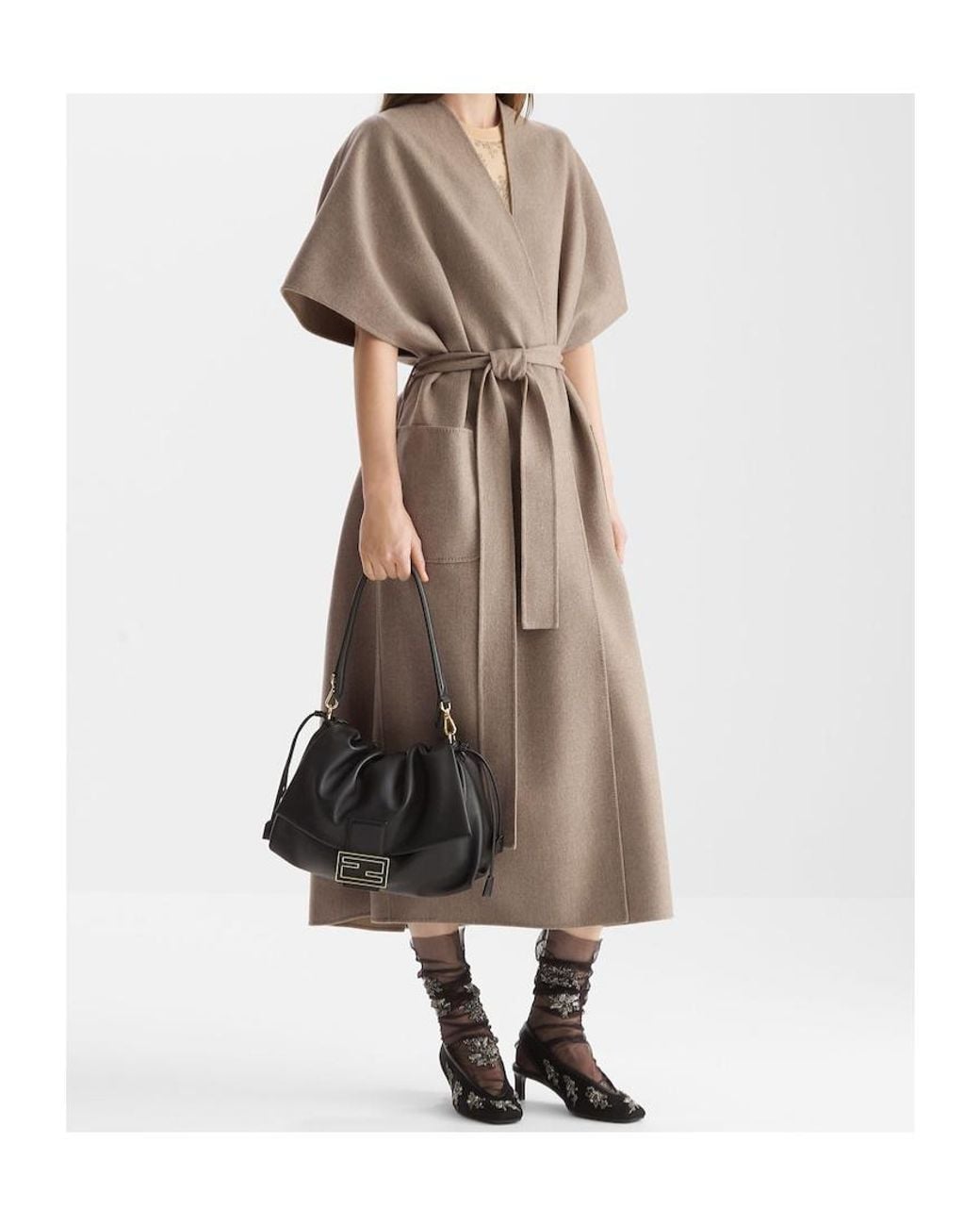 Fendi Natural Short Sleeved V-Neck Belted Coat