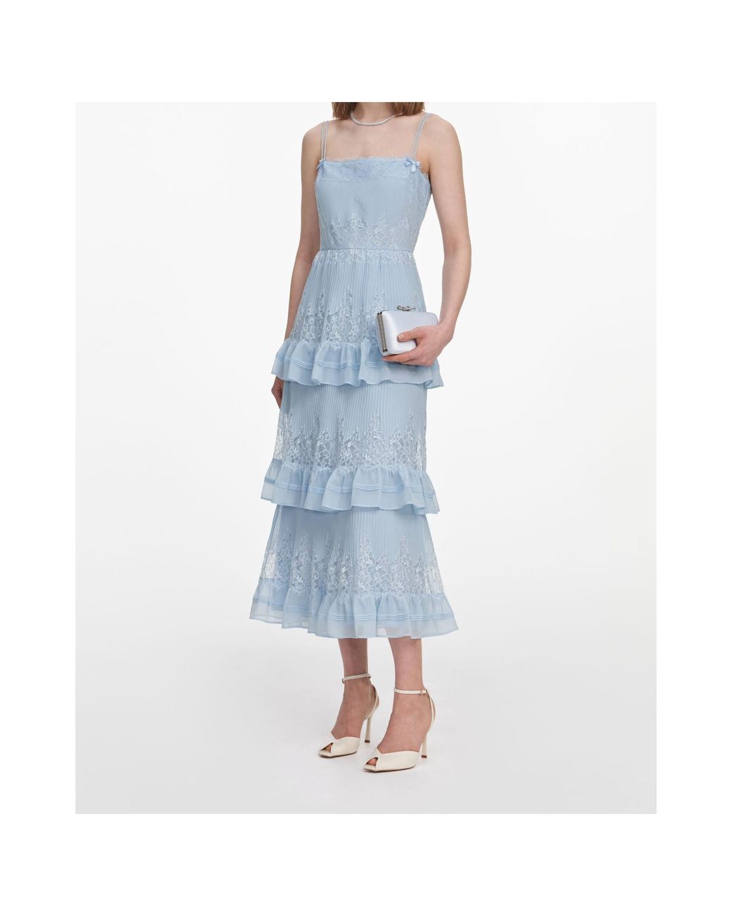 Self-Portrait Blue Lace-Trimmed Ruffled Midi Dress