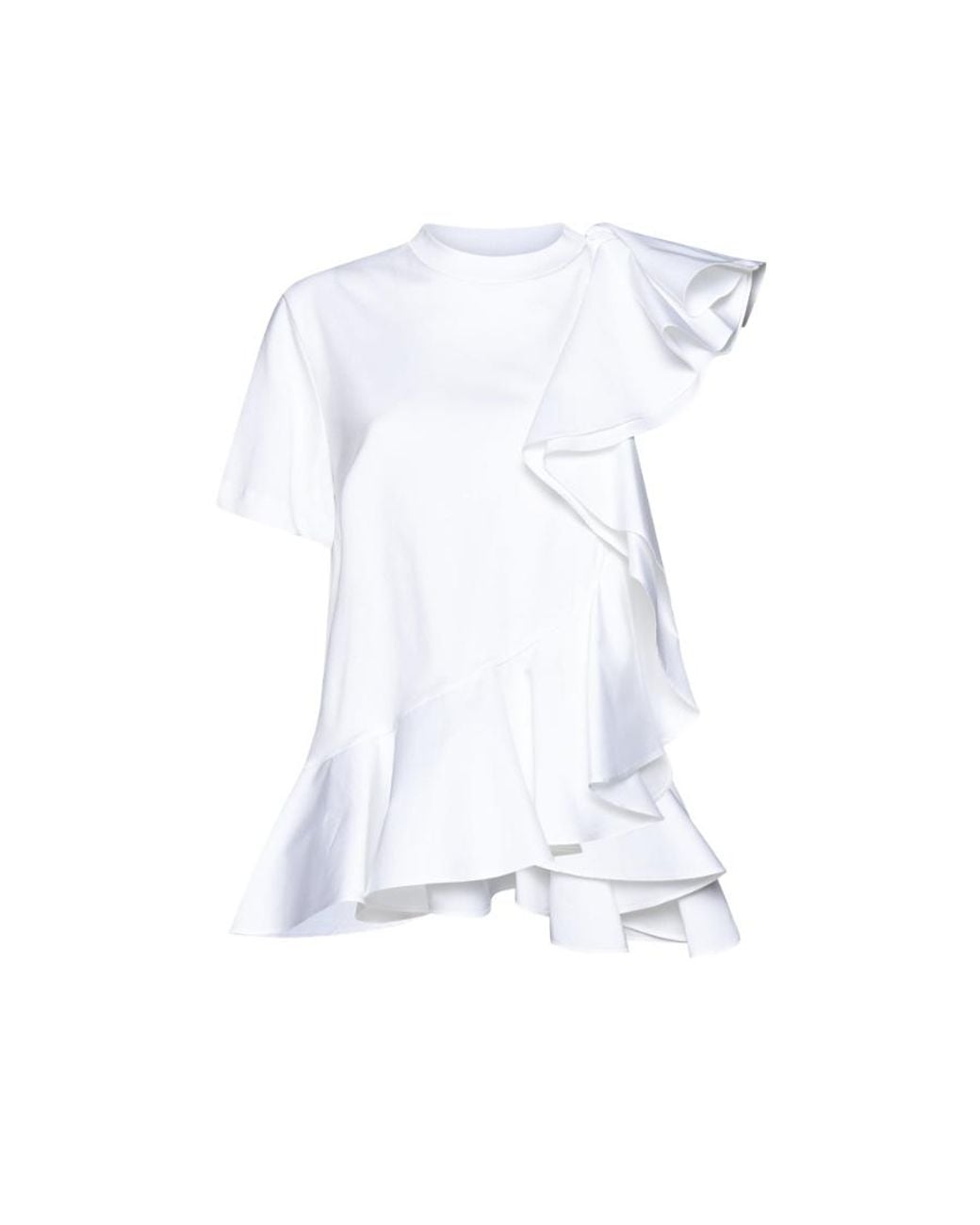 McQueen White Asymmetric Ruffled Crewneck Top
