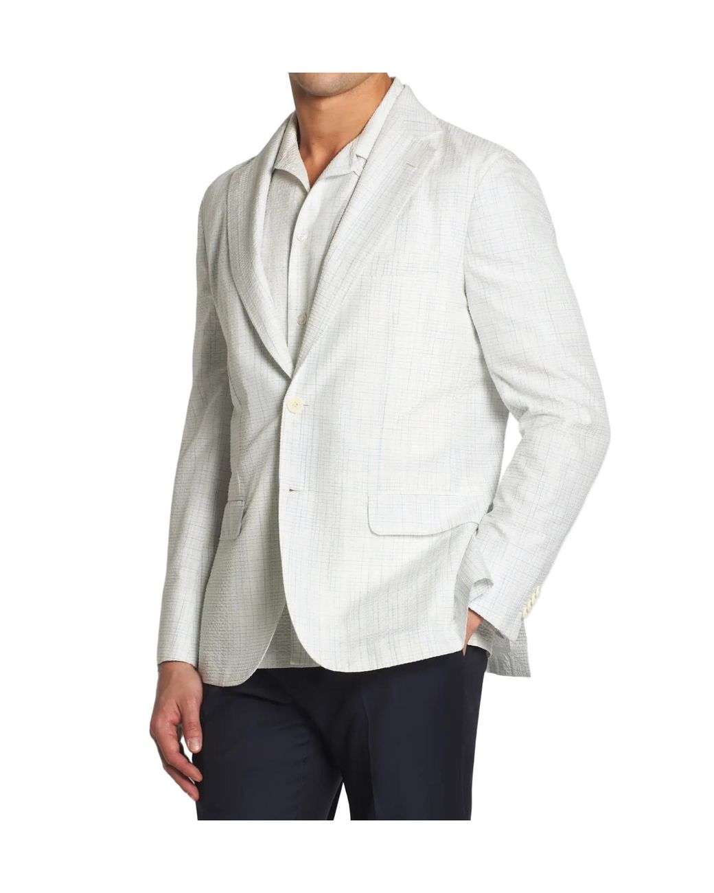 Brioni White And Sky Checked Silk Seersucker Soffio Blazer for men