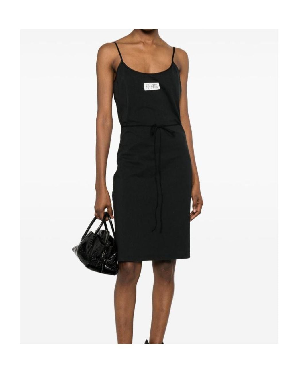 MM6 by Maison Margiela Black Spaghetti-Strap Logo-Patch Mini Dress