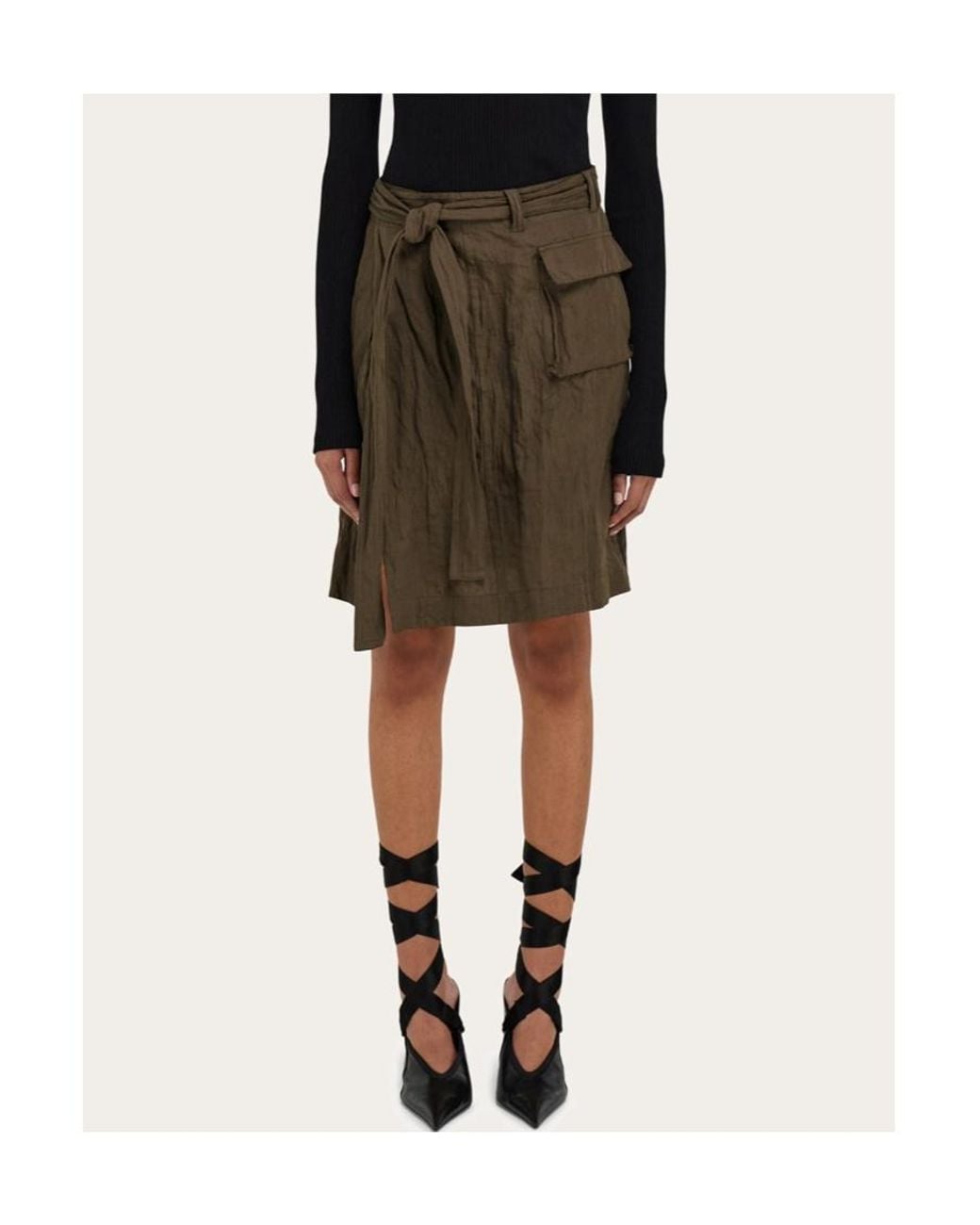 Ferragamo Green Ferragamo Belted Waist Ruched Midi Skirt