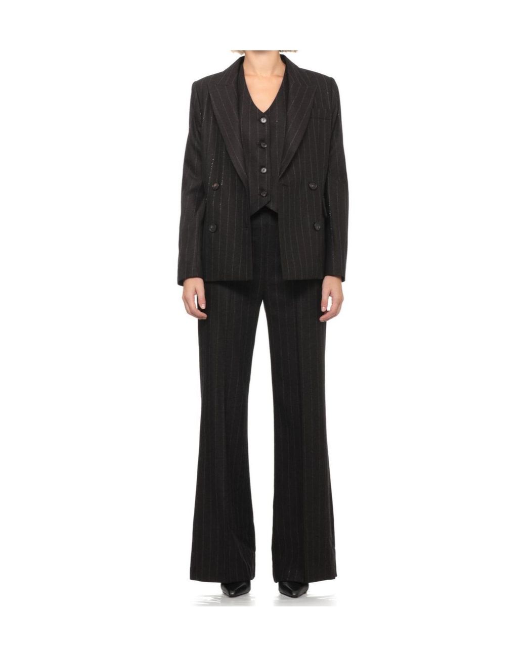 D.exterior Black Pinstriped Double-Breasted Blazer