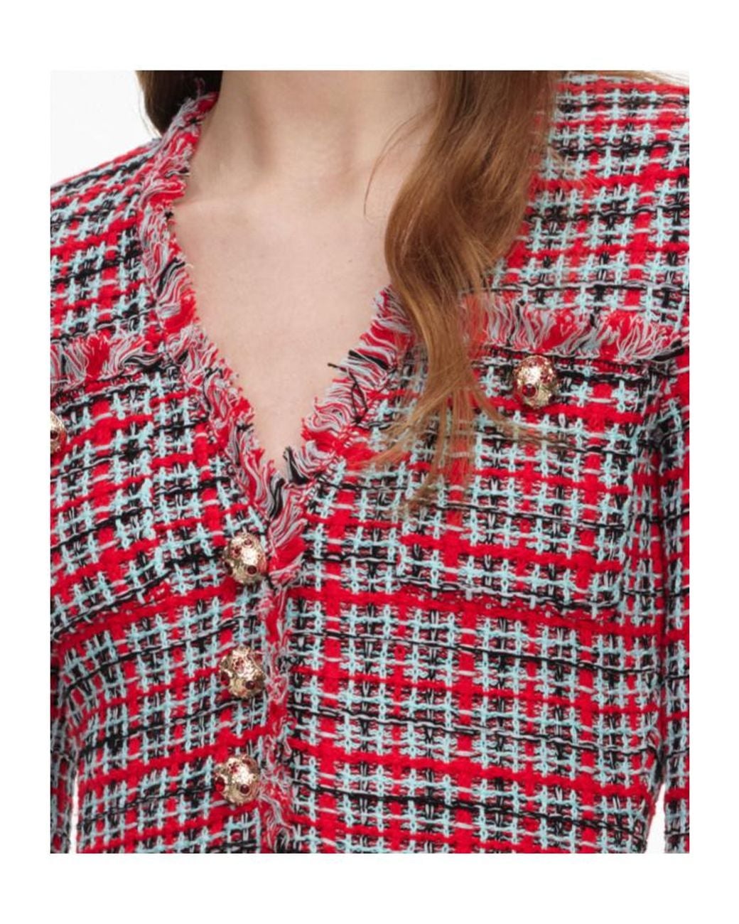 Self-Portrait Red Check Frayed Knit Midi Dress