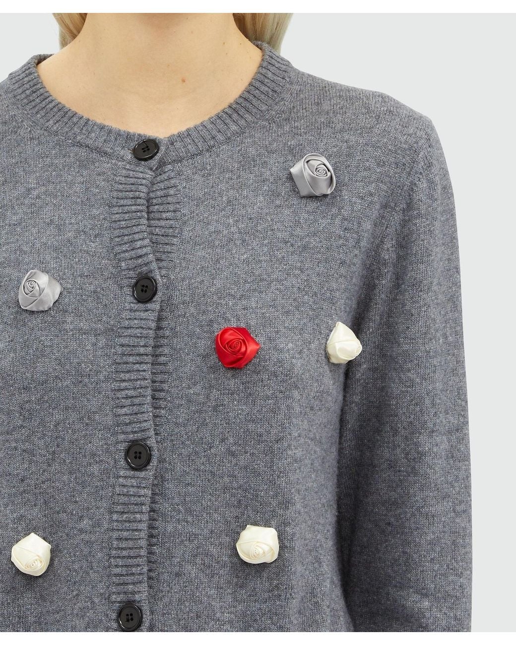 MSGM Gray Rose-Appliqué Knitted Cardigan