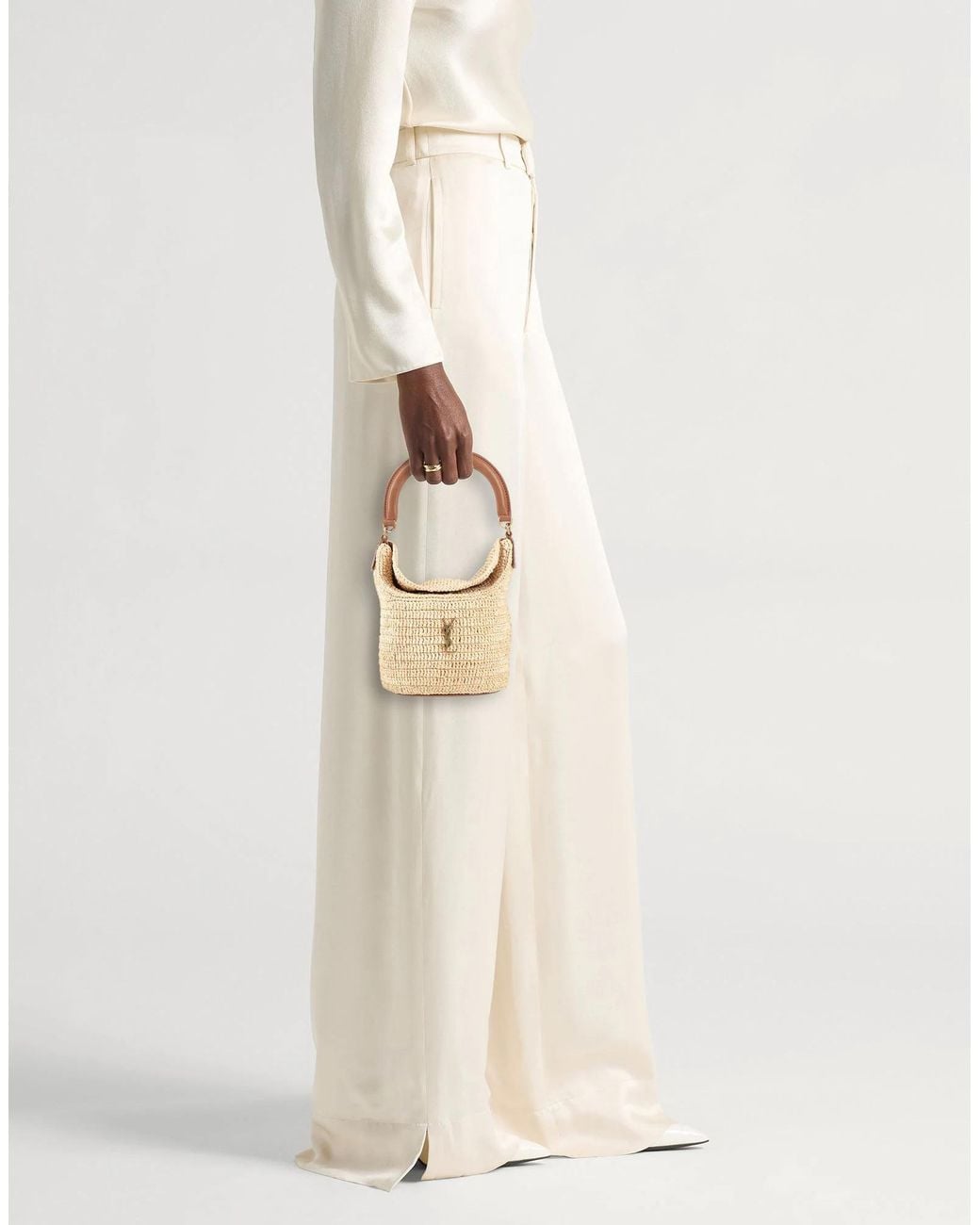 Saint Laurent White Mini Raffia Bucket Bag